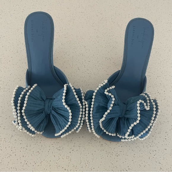 Venita Aspen x Gianni Bini Harlow Blue Ruffle Bow Mule Heels Size 7 New - Picture 2 of 9